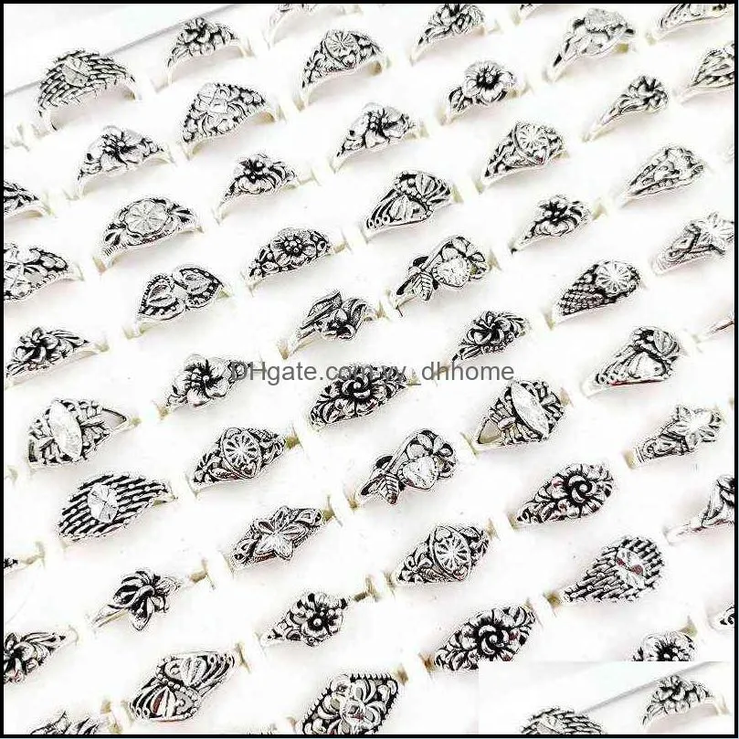 100 Pcs/Lot Vintage Carved Flower Geometric Hollow Rings for Women Wholesale Mix Style Antique Silvery Ethnic Jewelry Party Gift