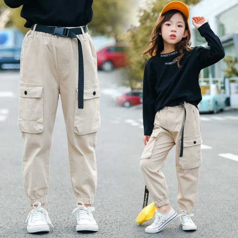 High Waist Cargo Pants For Teen Girls Pure Color Cool Trousers Pocket Loose  Cotton Sport Running For Teens Girl 5 14 Years 210803 From 22,63 €