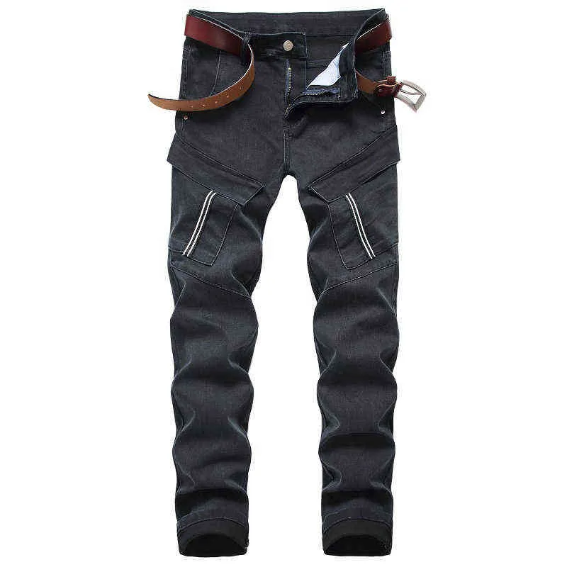 Men Big Pockets Cargo Jeans Slim Straight Stretch Denim Pants Patchwork Spliced Trousers Blue Black G0104