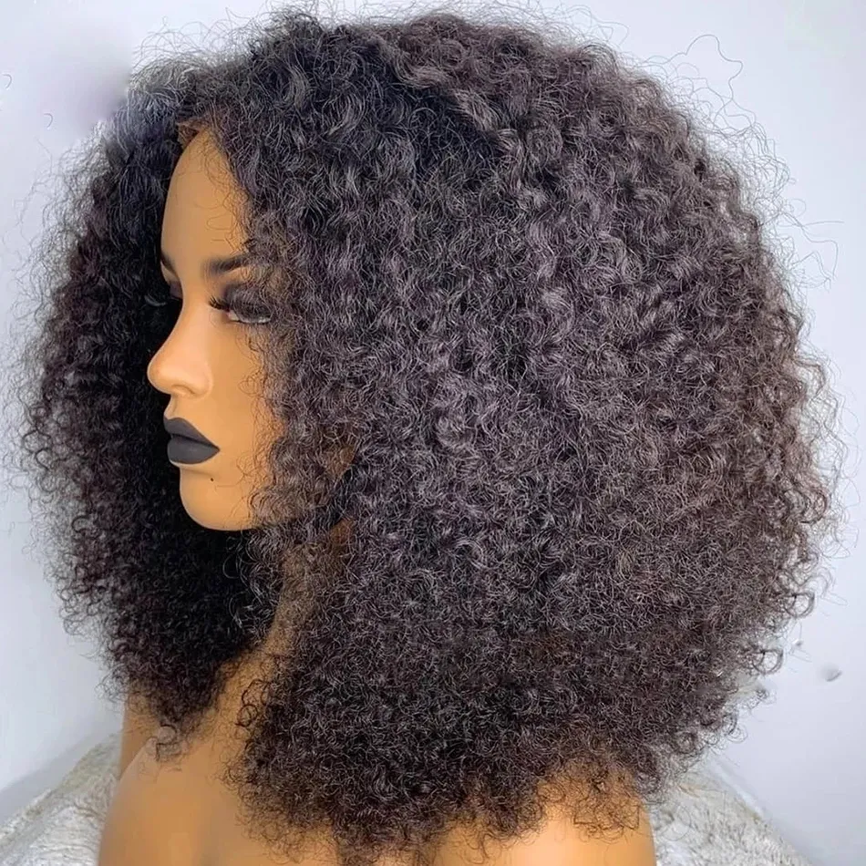 Mongólio Afro Kinky Curly Bob Rendas Front Human Human Wig Para As Mulheres Africanas Prejuídas 360 Perucas frontais V U Parte 16 polegadas 150% Densidade pronta para enviar