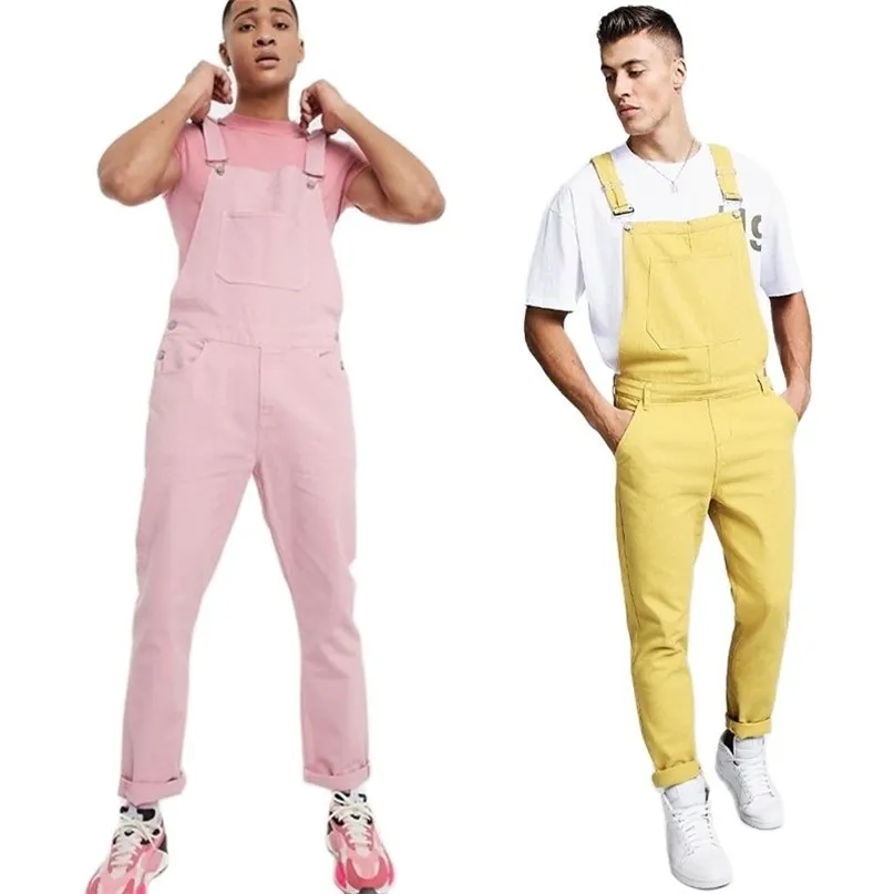 Denim broek mannen overalls vintage slim fit man's kleding geel roze homme jumpsuit broek europa amerika stijl 210723