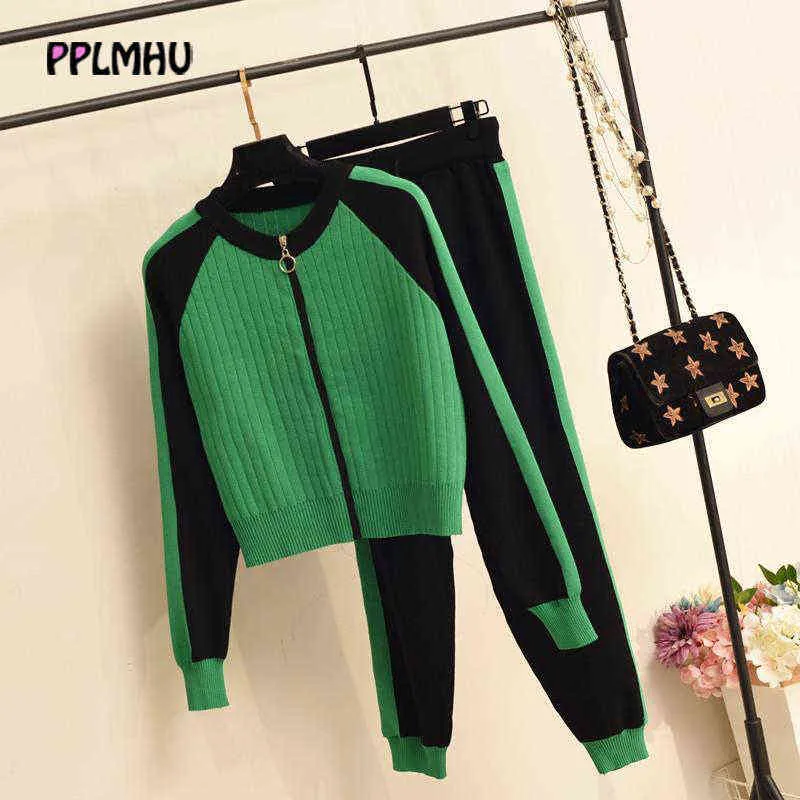 Casual Sweater de dos piezas Cardigan Chaqueta Mujeres Otoño Mujeres Punto Traje Moda Béisbol Sports Zip Top y Pantalones Set 211118