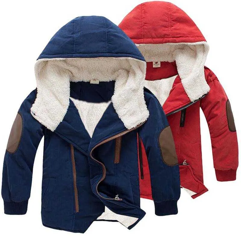겨울 새로운 소년의 면화 패딩 재킷, 어린이의 큰 소년 양고기 짙어지며 양털 두건을 6 년 동안 중간 길이의 면화 자켓