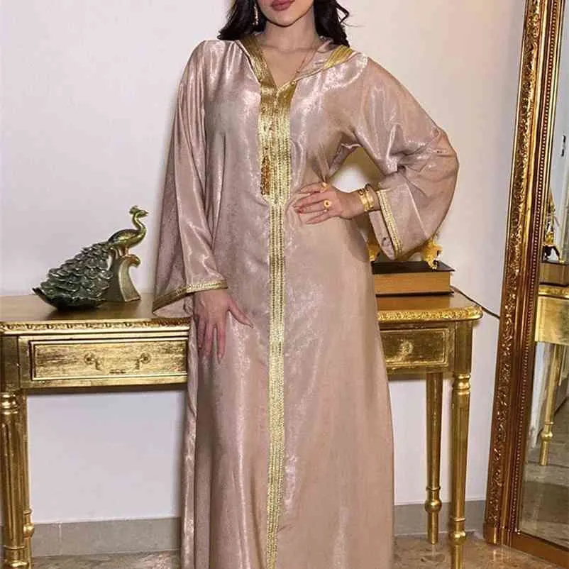 Siskakia Dubai Abito arabo musulmano Abaya per donna Autunno Champagne Caftano marocchino Abito con cappuccio Turco islamico Jalabiya 210706