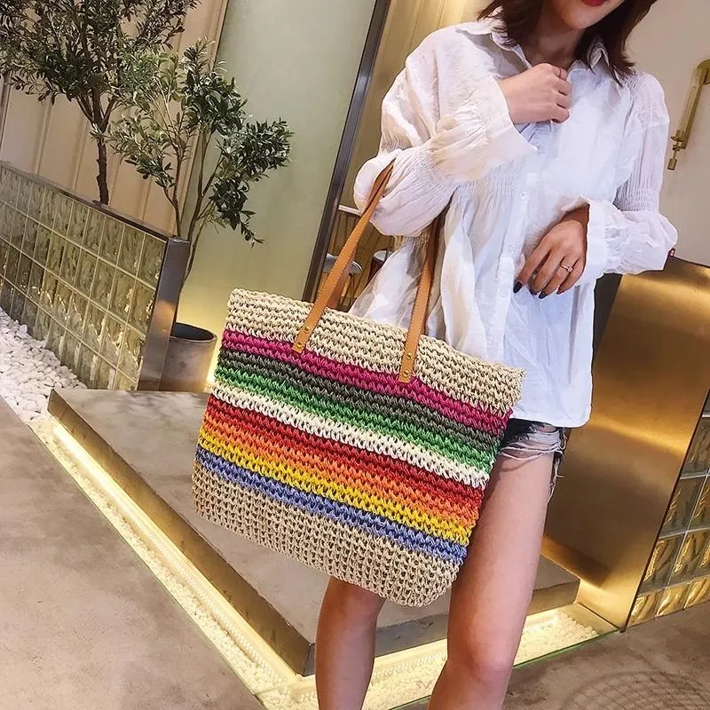 Kvällsväskor 2021 Summer Straw Axelväska Kvinnlig Handgjord Vävd Strand Wicker Tote Flickor Crossbody Hand Sac Main