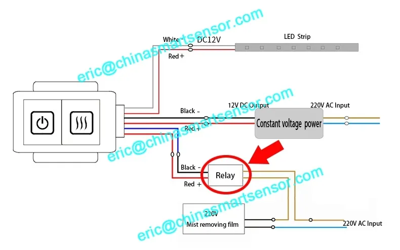 Application example 12V anti-fog relay for LED mirror mist removing film controller