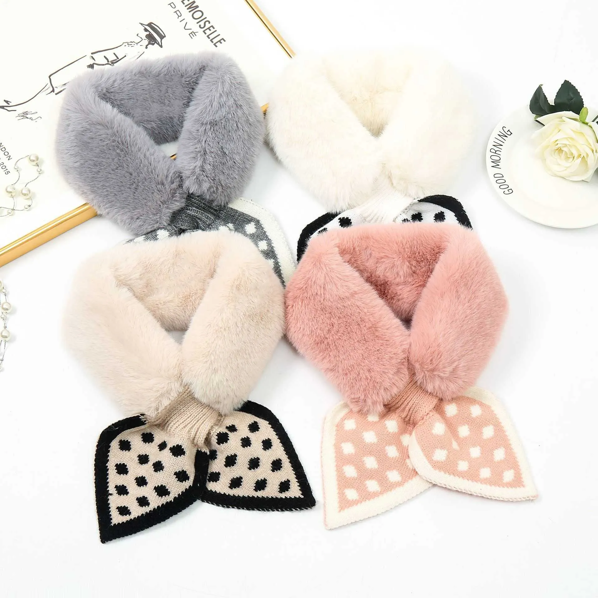 New Wave Dot Net Red Bib Warm Winter Bow Tie Japanese Imitation Rex Rabbit Fur Plush Cross Small Scarf Fur Collar Keep Warm H0923