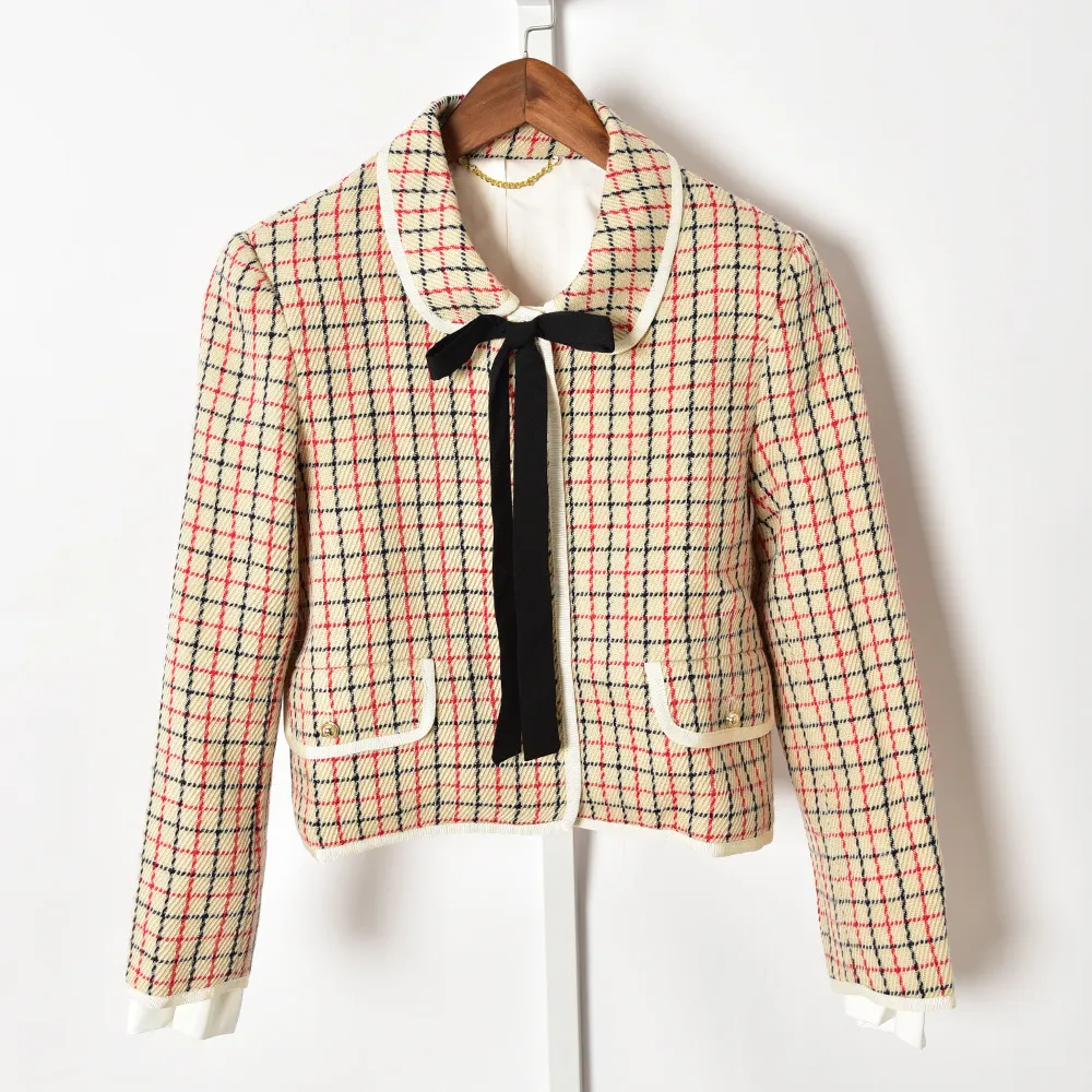 2022 Spring Long Sleeves Peter Pan Neckline Multicolor Jacket French Style Plaid Ribbon Tie Bowknot Panelled Short Jackets Short Outwear Coats O273312