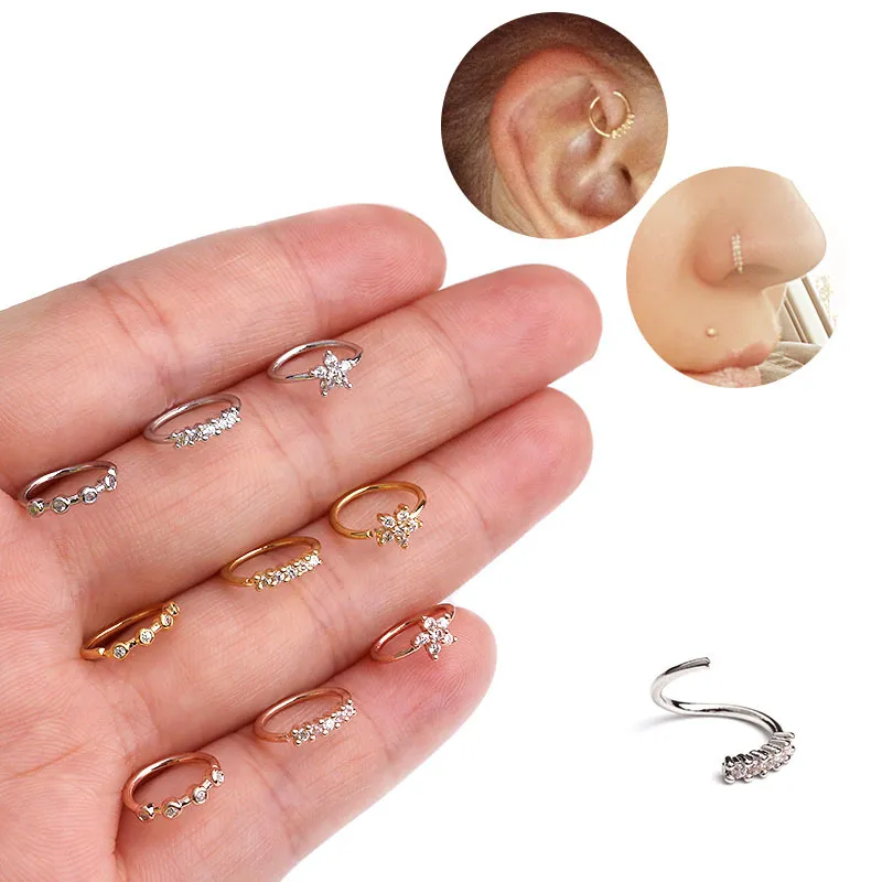 Zilver en Goud Kleur 20GX8mm Neus Piercing Sieraden CZ Neus Hoop Nostril Ring Bloem Helix Cartilage Tragus Earring 233 R2