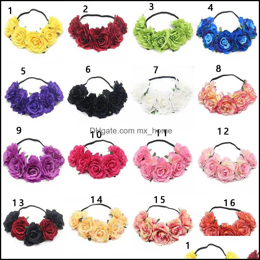 25 Colors Bride Rose Flower Wreath Headbands Women Girl Floral Crown Hairband Wedding Head Elastic Rubber band Garland Bohemia Headwear
