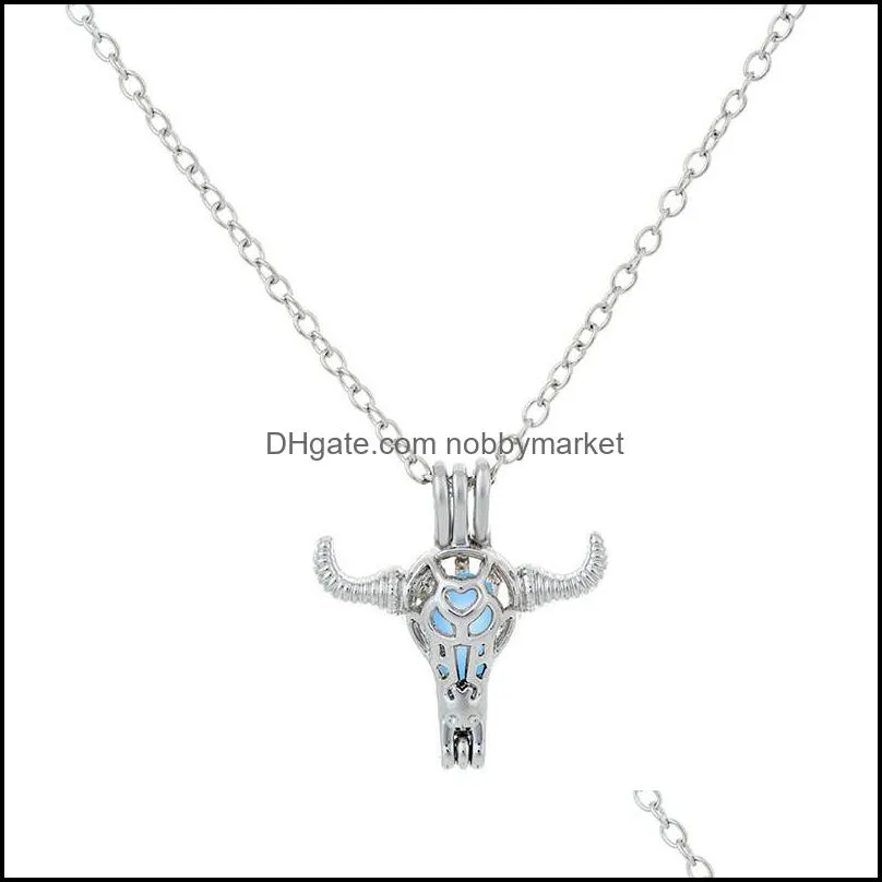 Fashion Luminous Bull head Pendant necklaces For women Glow In The Dark stone cage Open Lockets silver chains Jewelry in Bulk
