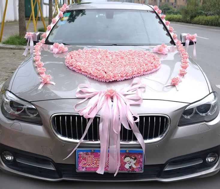 Ensemble de fleurs de décoration de voiture de mariage, roses artificielles PE, poignées de porte et rétroviseur, décoration en forme de cœur