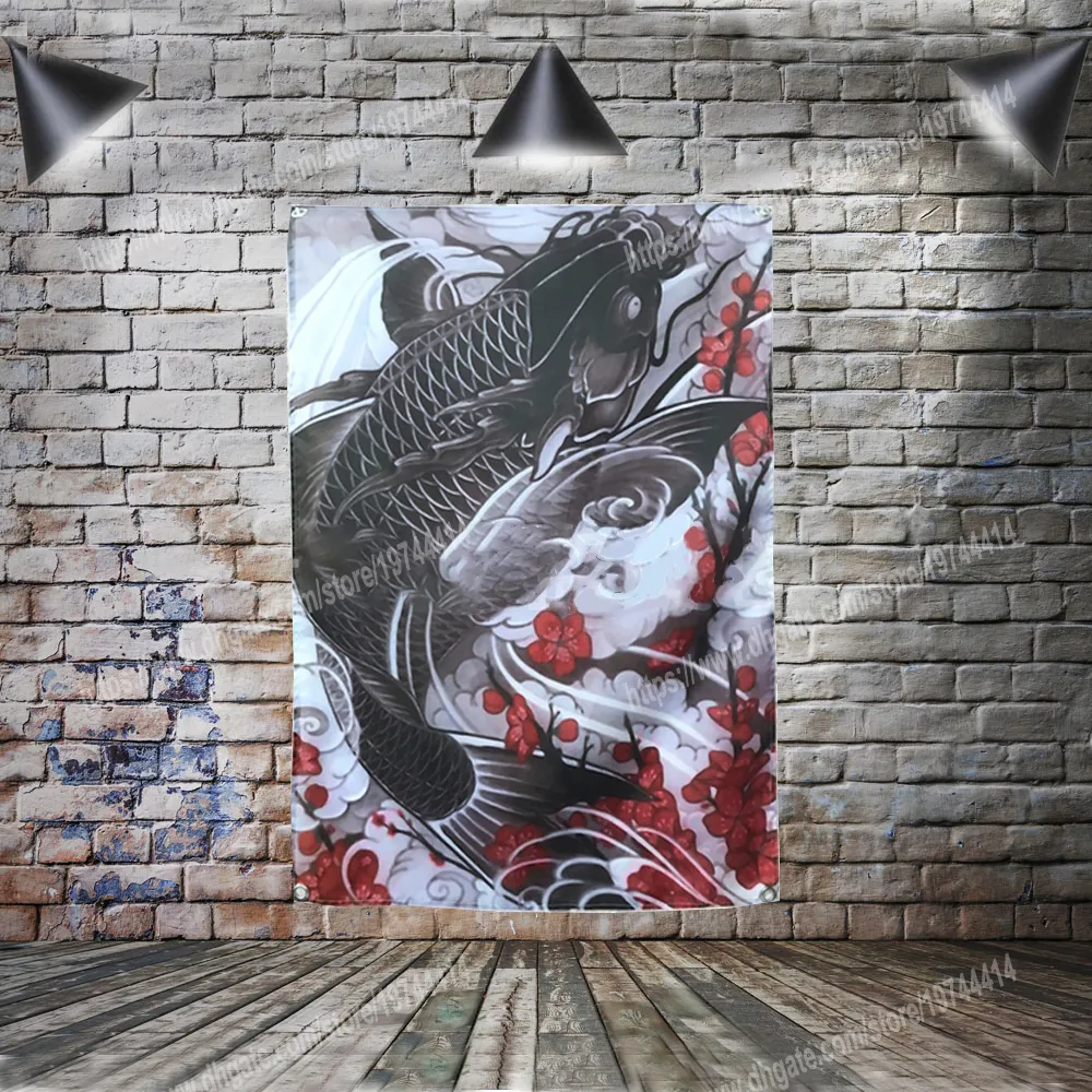 Karpfenfisch Japanisches Tattoo-Poster, Flaggen, Banner, Heimdekoration, hängende Flagge, 4 Ösen in den Ecken, 3 x 5 ft, 96 x 144 cm, Malerei, Wandkunst, Druck, Poster