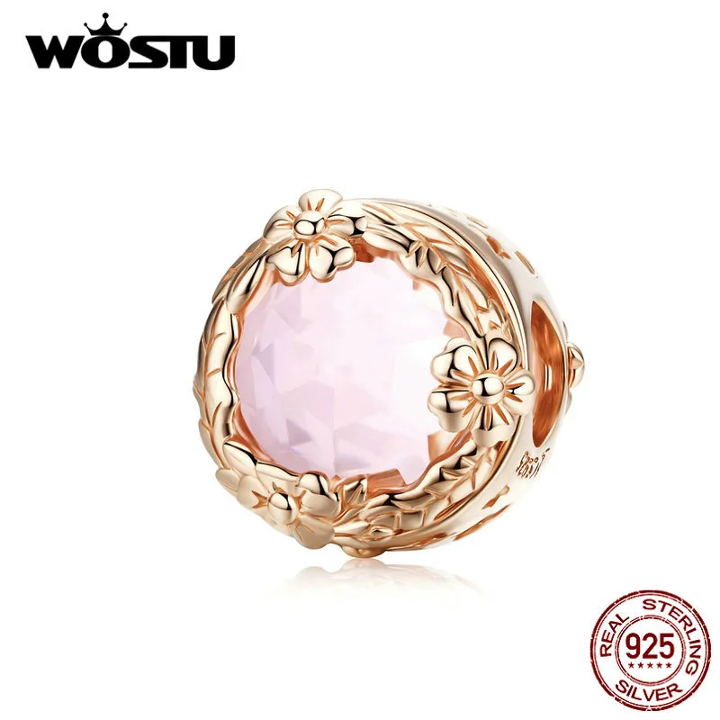 WOSTU Gül Altın Çiçek Boncuk 100% 925 Ayar Silve Soluk Pembe Zirkon Charm Fit Orijinal Bilezik Kolye Kadınlar Takı CQC1258 Q0531