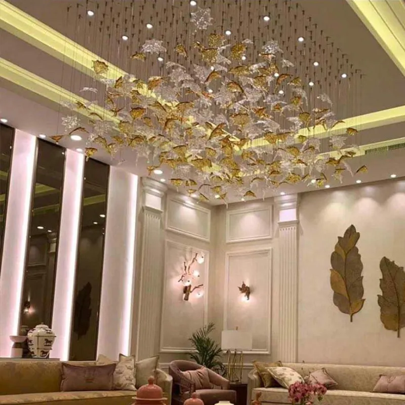 Murano Glas Maple Blad Kroonluchter Lampen Kunst Hoge Plafond Licht Grote Lobby Restaurant Opknoping Hanglamp voor Hotel Project Custom Amber Clear Color