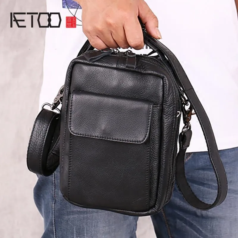 HBP AETOO Mini sac pour homme, sac incliné en cuir, sac à main décontracté en cuir vintage pour homme