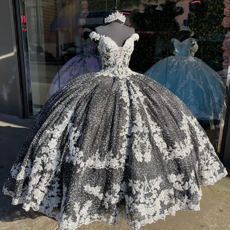 Off-Shoulder Quinceanera Sparkly wedding dress in Black Ivory with Applique, Beading, and Sparkly Tulle Lace-Up - Perfect for Mexican Sweet 16 and Off-Shoulder Quinceanera Sparkly wedding dress in Black Ivory with Applique, Beading, and Sparkly Tulle Lace-Up - Perfect for Mexican Sweet 16 and