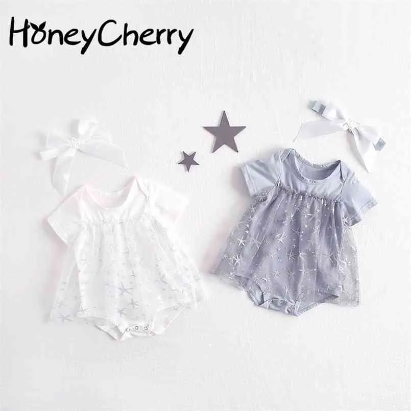 Summer Baby Bodysuit Girl Starfish Net Yarn Cotton Triangular Crawling Dress Fashion Kids Short-sleeved Clothes 210702