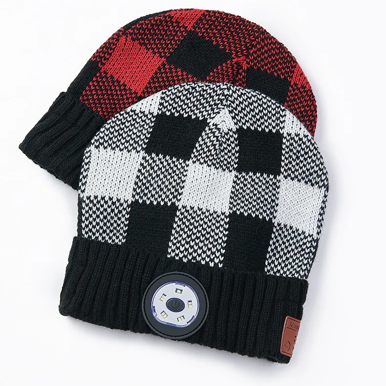 Winter-Beanie-Mütze, kabellos, Bluetooth 5.0, Smart Cap, Kopfhörer-Headset mit 5 LED-Leuchten, freihändiger Musik-Kopfhörer, warmes Kabel gestrickt