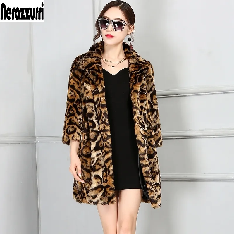 Nerazzurri Luxury Faux Fur Jacket Women Winter Leopard Coat Oversize Furry Fluffy Faux Fur Coats Plus Size 4XL 5XL 6XL 7XL 210222