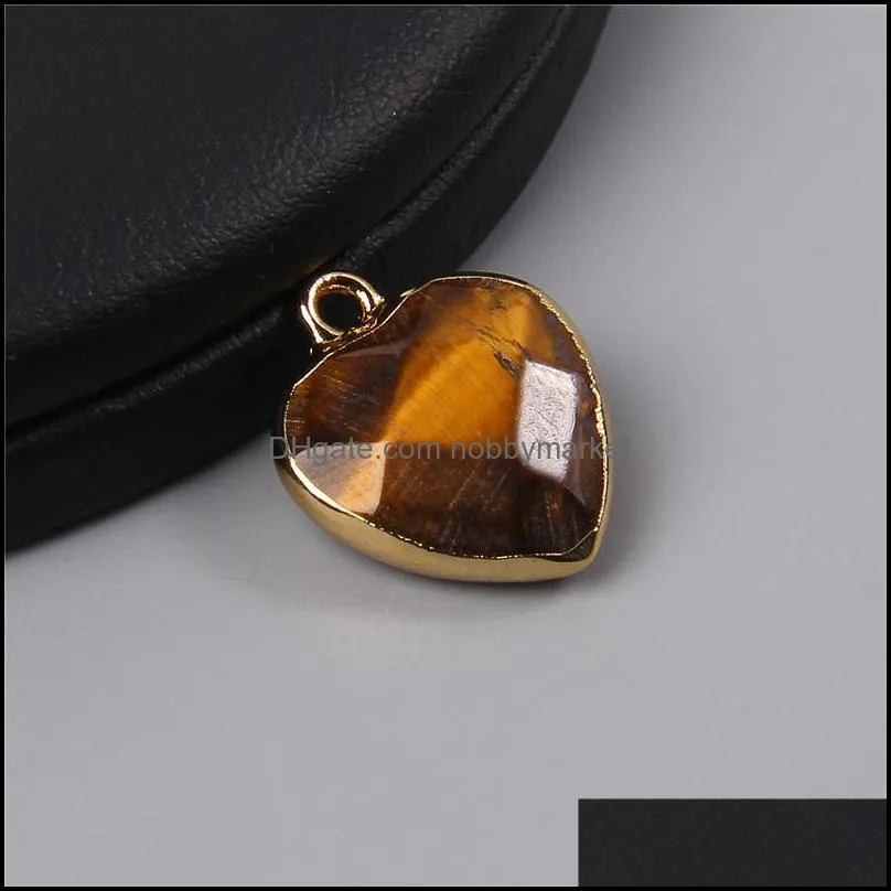 Natural Tiger Eye Stone Amethysts Pendant Heart Shape Metal Stone Necklace Earring Pendant Charm for Making Jewelry