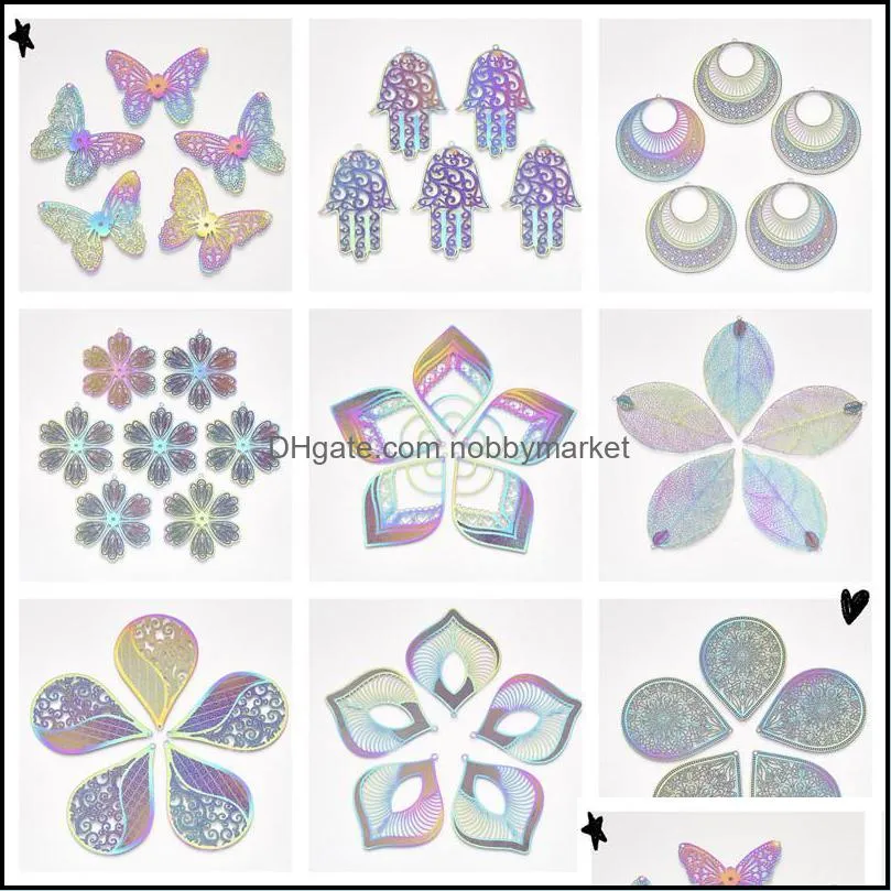 Charms smycken fynd komponenter 5PCs rostfritt stål regnbåge örhängen plätering filigran blad hängande grossist för att göra DIY charm halsbana