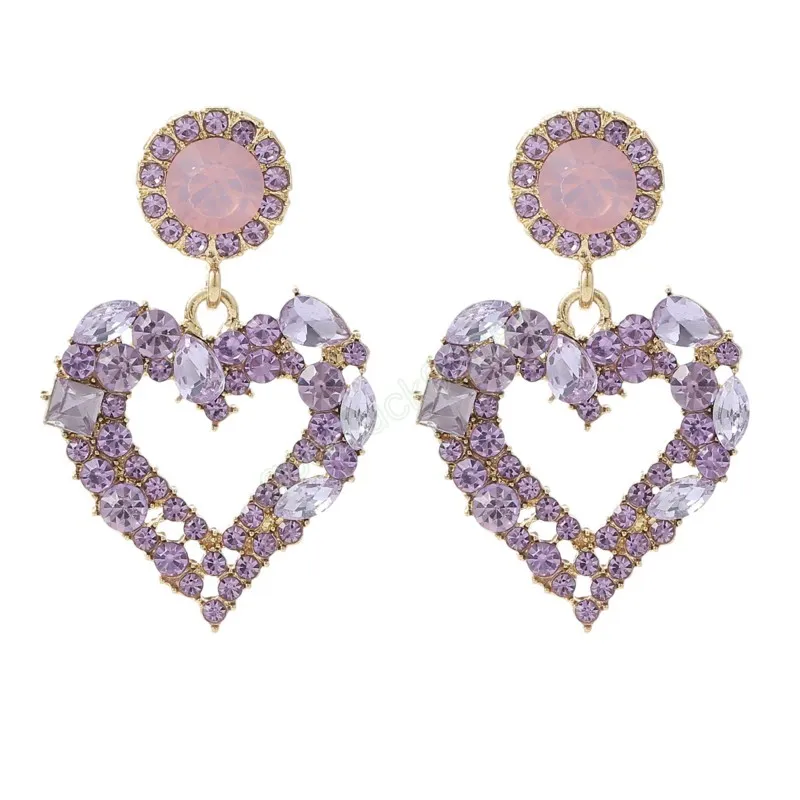 Boucles d'oreilles de luxe en strass pour femmes, boucles d'oreilles en cristal violet, cœur, mignon, amour, Zircon, bijoux de fête de mariage