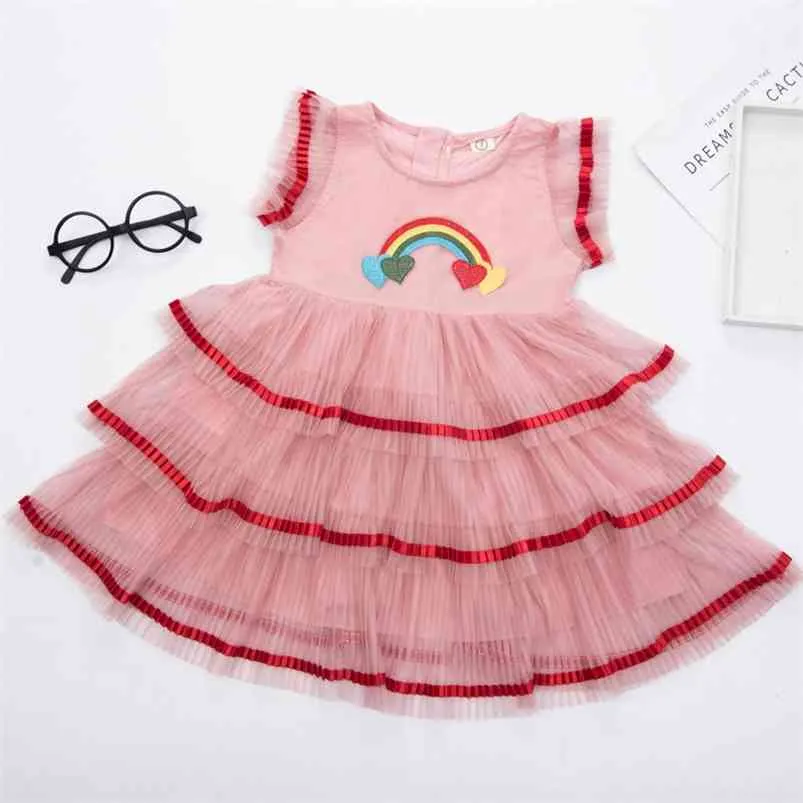 Vestido de verano para niña Estilo de primavera Raya de encaje Amor Pastel Princesa Fiesta Ropa para niños Ropa para niñas 210625