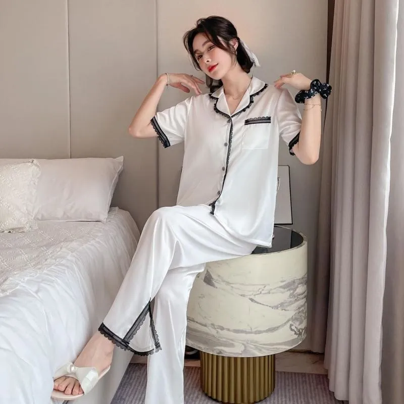 Pajamas Set New Summer Women Sexy Lace Trim Split Sleepwear Trouser Suits Short Sleeve Pants Suit Loose Faux Silk Home Clothes X0526