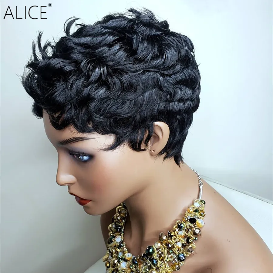 Premium Brazilian Lace Frontal Wig Black Pixie Cut Bob Curly Pixie