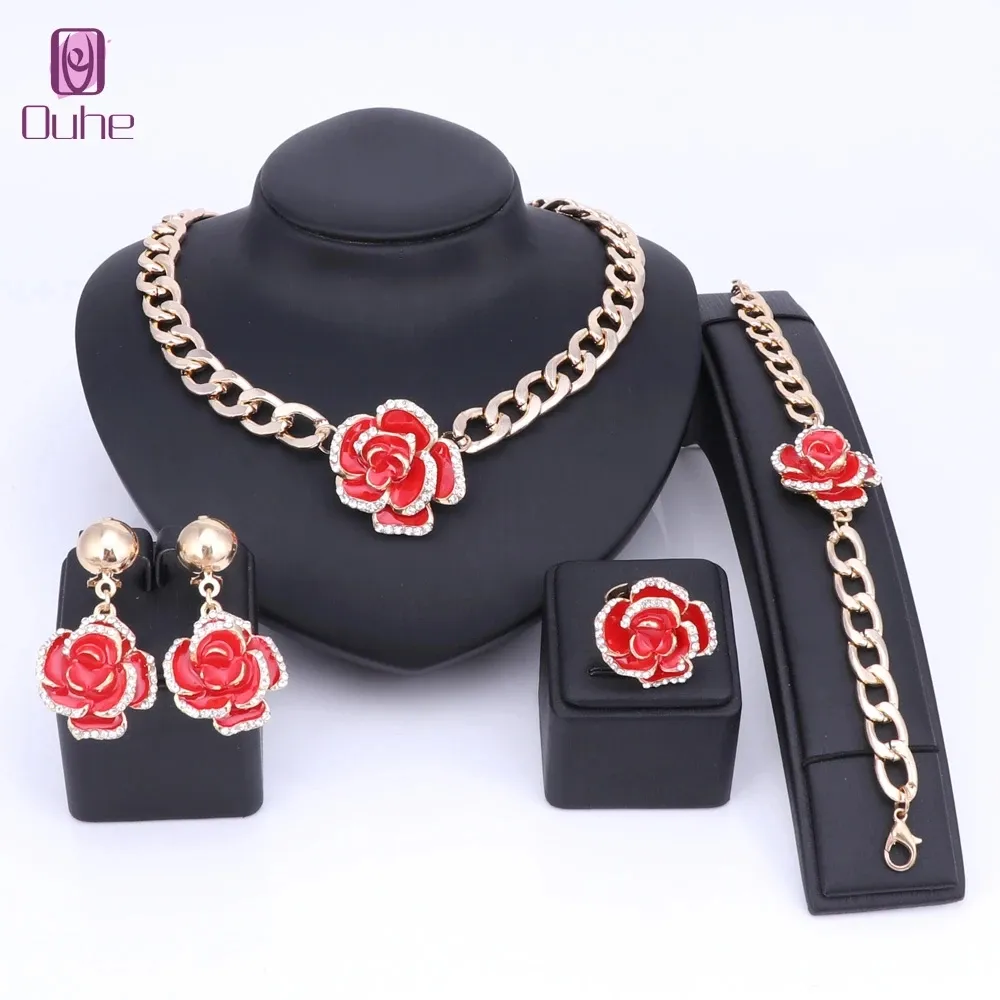 African Wedding Jewelry Dubai Gold Color Crystal Romantic Colors Flower Design Necklace Earrings Jewellry Sets