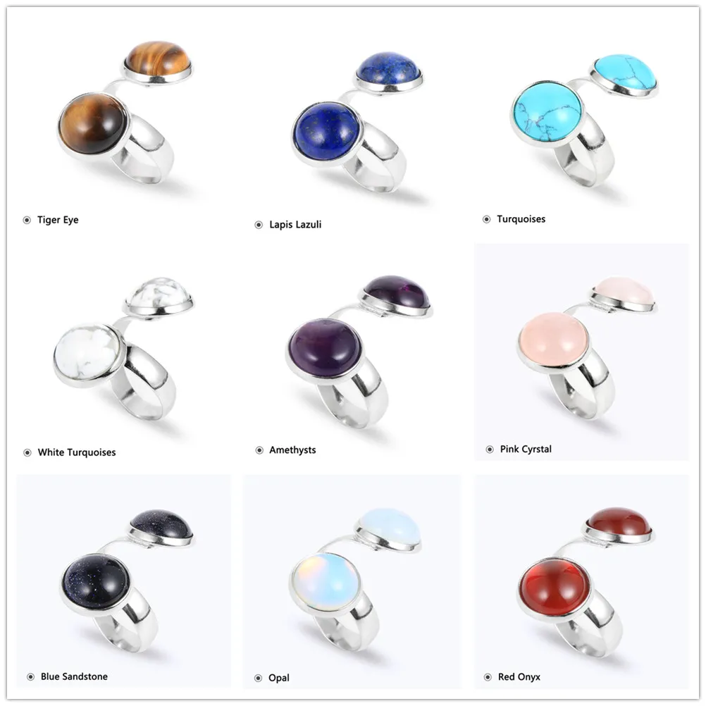 Fashion Argent Plaqué Naturel Pierre Bague Géométrie Opale Blanc Bleu Turquoise Tiger Eye Roae Quartz Amethyste Druzy Bague pour femme bijoux