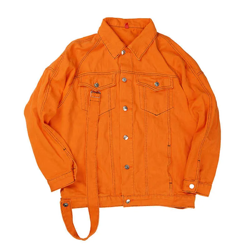 PERHAPS U Women Orange Denim Jacket Button Long Sleeves Loose Pocket Oversize Jackets Turn Down Collar Spring C0499 210529