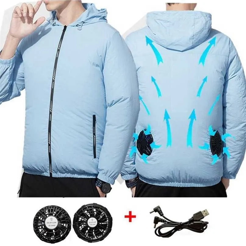 Mężczyźni Outdoor Letni Coat USB Electric Wentylator Kurtki chłodzące Mężczyźni Klimatyzacja Wentylator Odzież Heatstroke Hood Kurtka 211110