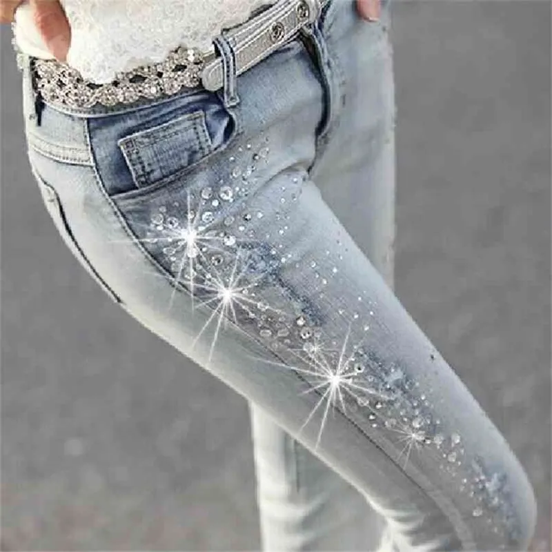 Mulheres Diamante Drilled Hole Calças de Jeans Mulher Calças Calças Jeans Rasgado Denim Calças com Strass Denim Calças Mulher 210708