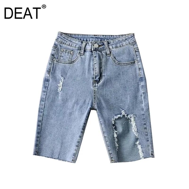 [DEAT] Summer Fashion Short Pants High Waist Solid Color Irregular Hole Personality Women Denim Shorts 13C940 210527