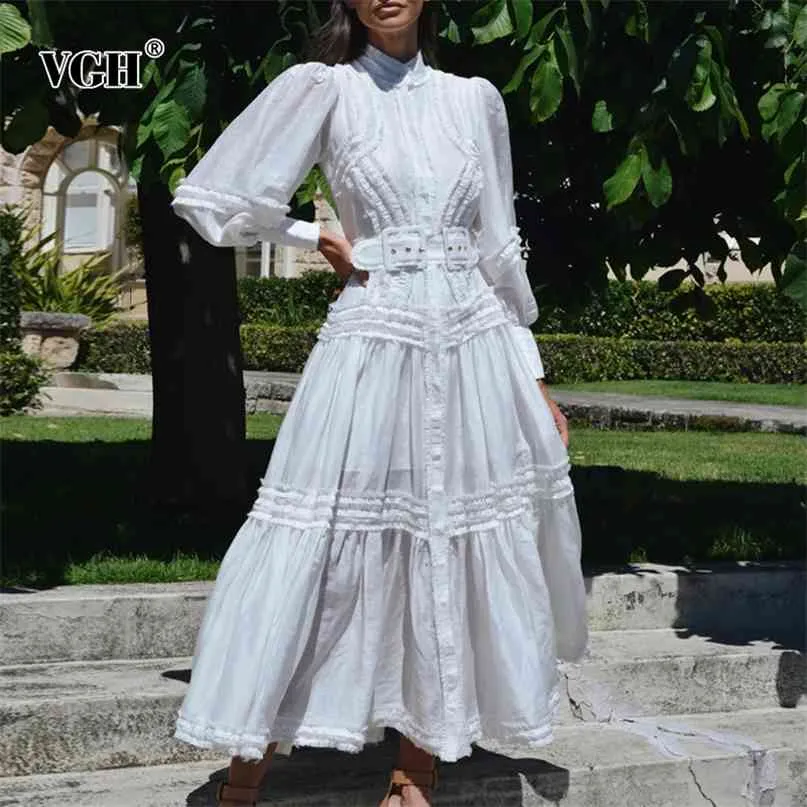 女性のための白いエレガントなドレス襟のランタン長袖ハイウエストサッシスリムラインマキシドレス女性春210531