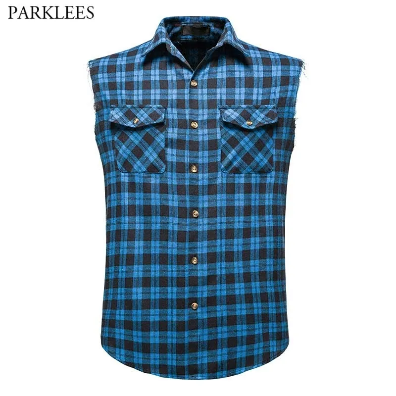 Blue Plaid Sleeveless Shirt Men Double Pocket Cowboy Style Button Down s Mens Cotton Flannel Casual Beach Party 2XL 210721