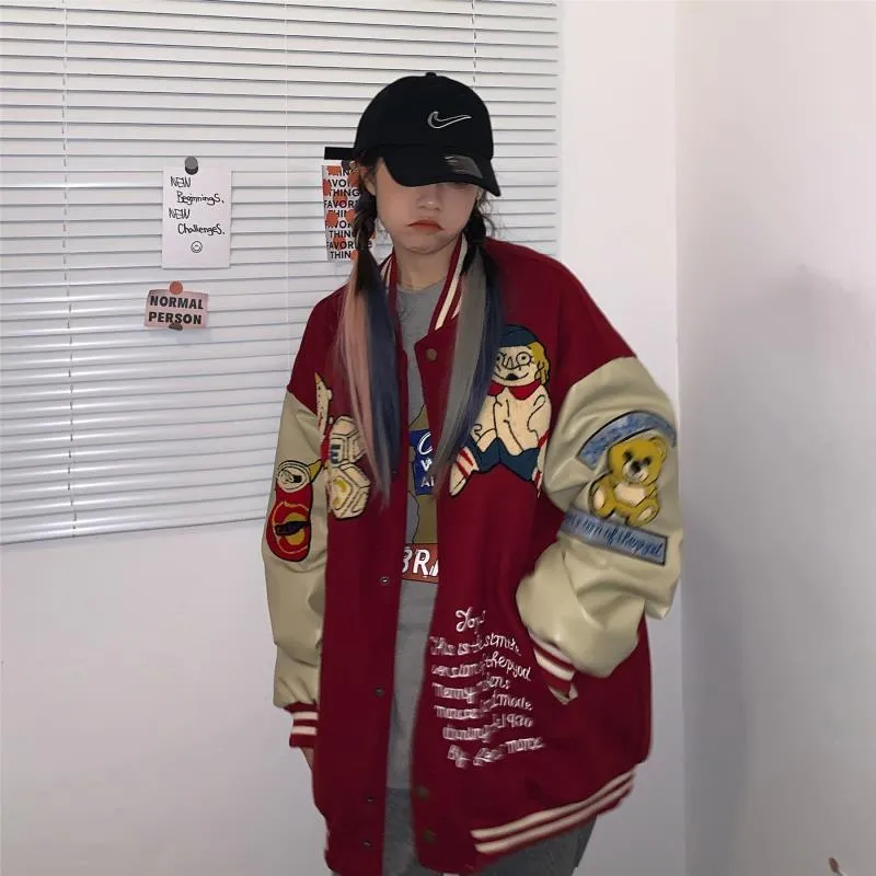 Women s Red Bear Autumn Baseball Bomber Jacket Stylish Harajuku Plus Size Streetwear Outerwear Goth Top