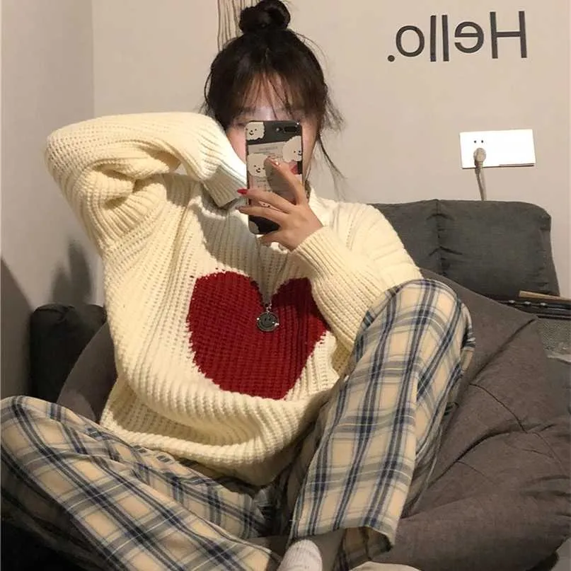 Koreansk vinter söt hjärtformad mönstertröja vintage harajuku stil full ärm pullovers lös stickning avslappnad tröja 211221