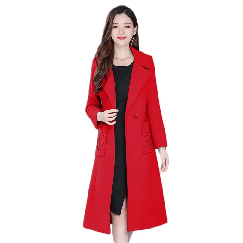 Casaco de lã mulheres vermelhas bordados M-4XL plus size primavera moda estilo chinês slim long blends jackets feminina lr1010 210531