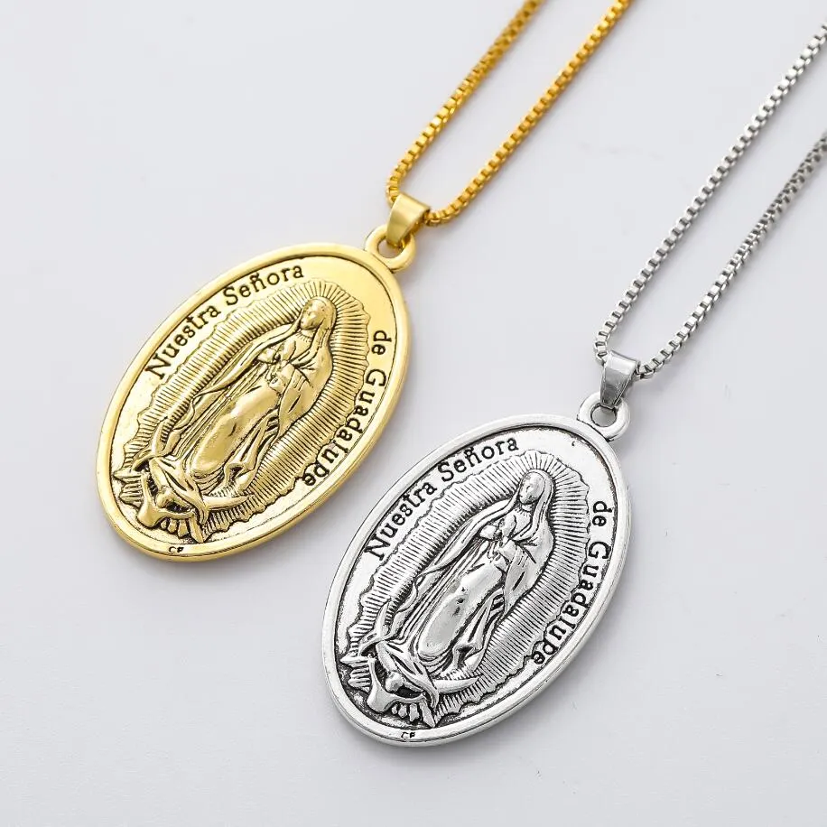 San Benito Maria de Guadalupe Pingente Colares Divino Nino Reinaise Colar Masculino Antique Prata / Gold Colares Pingentes 24 polegadas N330 2 pcs / lote