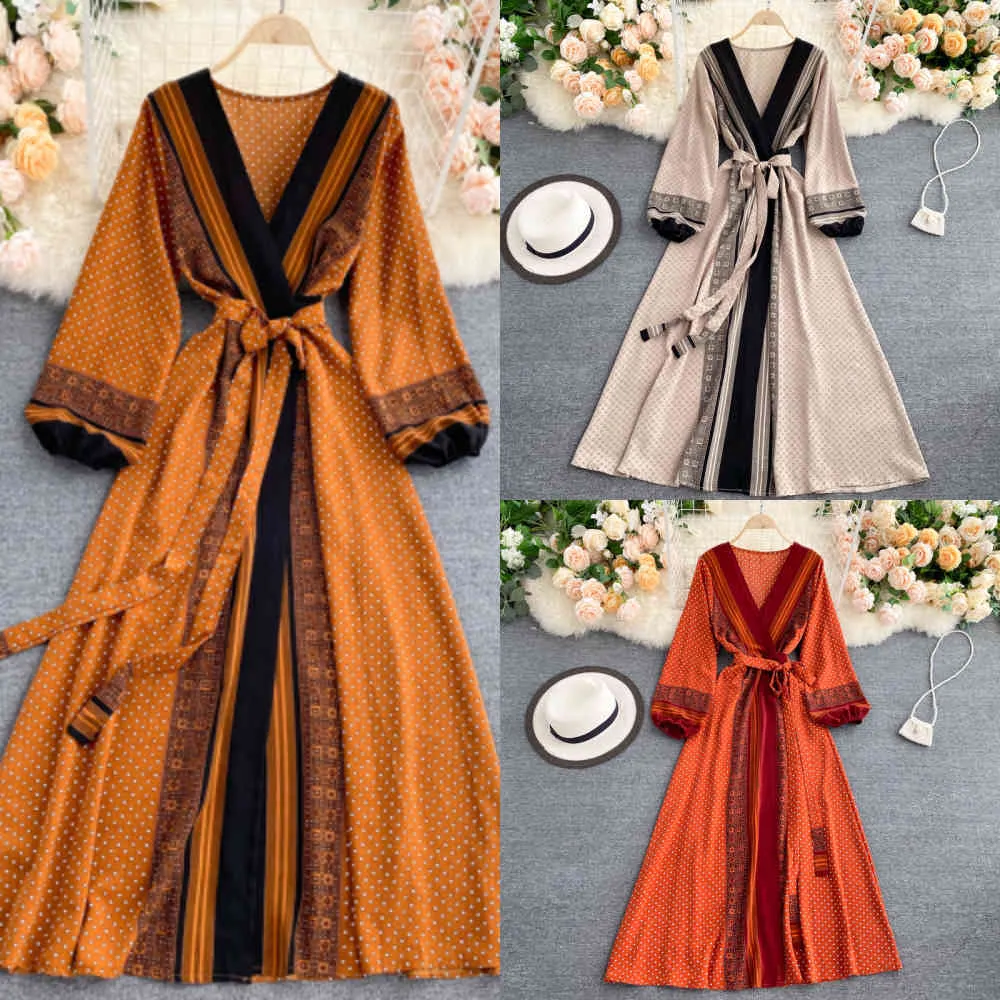 Printemps automne femmes imprimé longue Robe Vintage bouffée à manches longues taille haute a-ligne Vestidos femme 2021 nouvelle mode plage Robe X0705