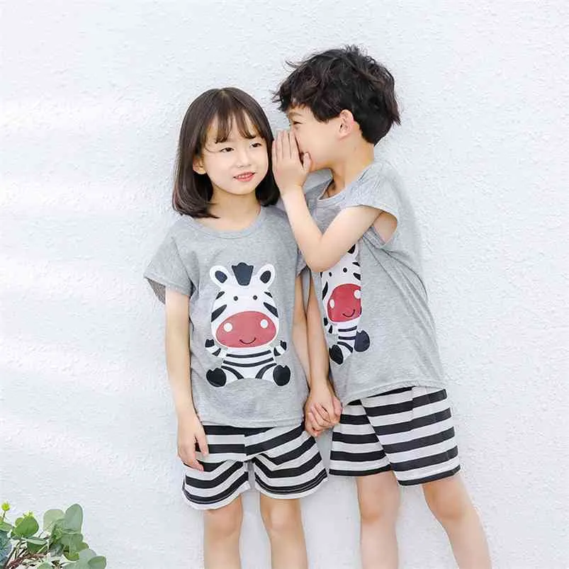 Boys Girls Pajamas Summer Short Sleeve Children's Clothing Sleepwear Baby Cotton Pyjamas Sets For Kids 4 6 8 10 12 14 Years 210915