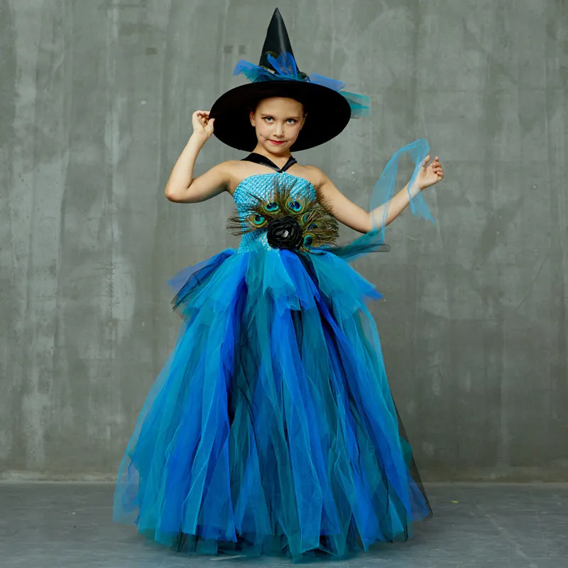 Elegant Peacock Feather Costume Girls Fluffy Layered Peacock Tutu Dress with Witch Hat Kids Pageant Party Ball Gowns Dresses (13)