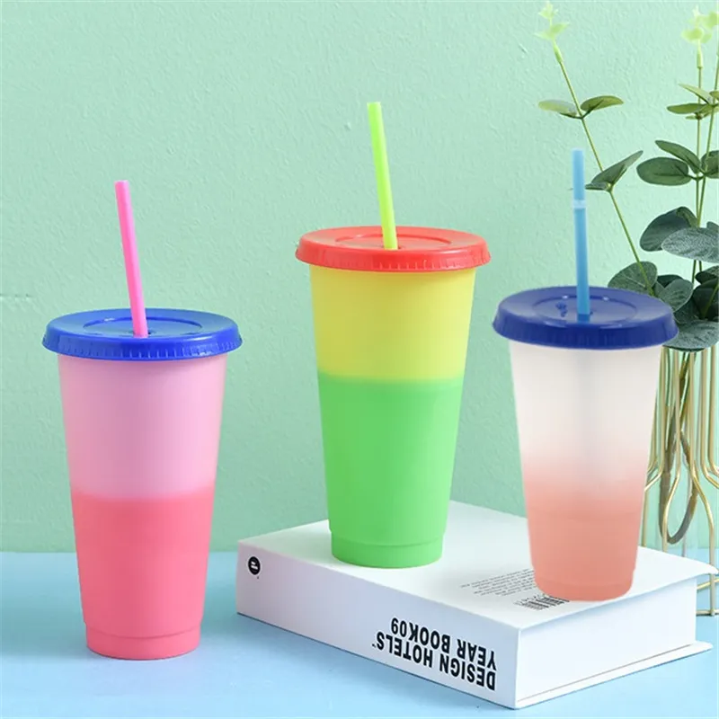 Colors Changing Cups Candy Color Drinks Tumblers Straws Water Bottle Reusable cold drink cup magic Coffee mug sea sending T9I001196