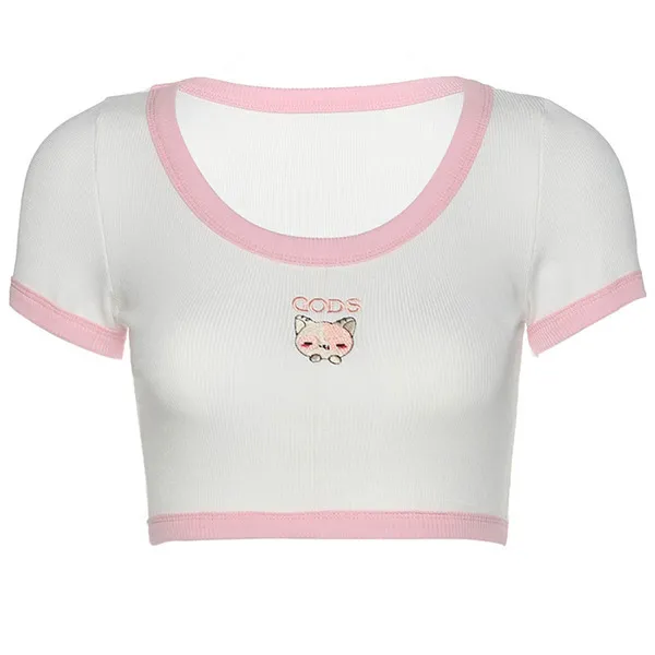 Dolce GOTH GIRL T-shirt carina Femme Cartoon ricamato O-Collo manica corta Crop Top Tees T-shirt estiva stile giapponese Ins Donna C0304