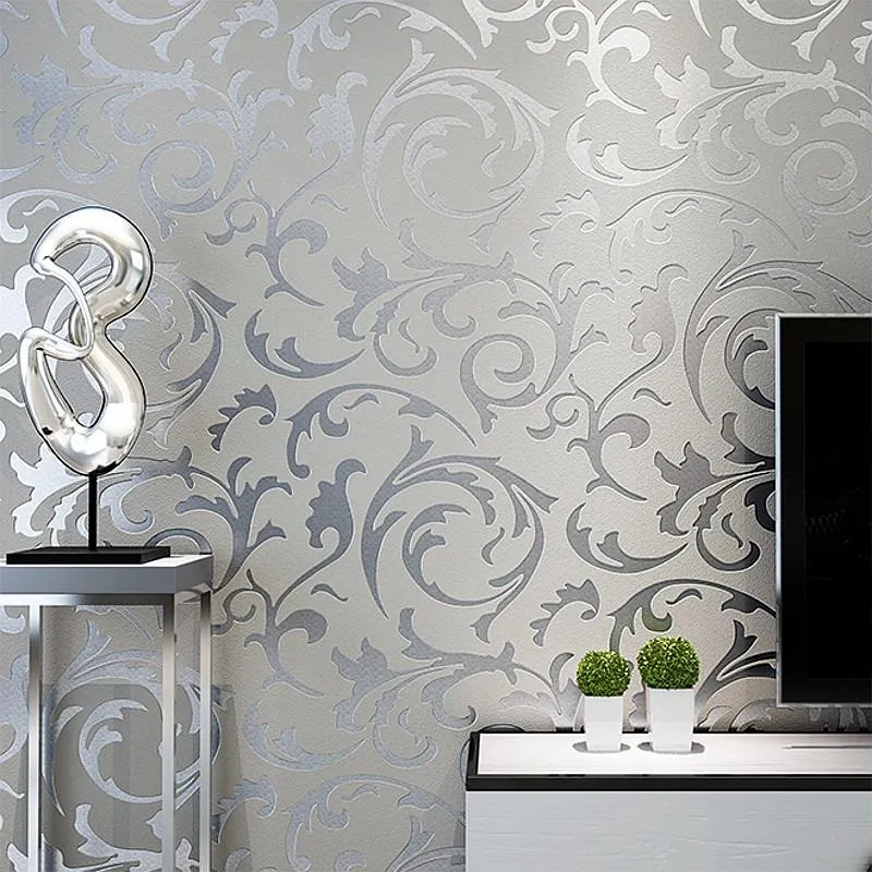 Bakgrundsbilder Grå 3d Victorian Damask Embossed Wallpaper Roll Hem Inredning Vardagsrum Sovrum Väggbeläggningar Silver Blommigt Lyxpapper