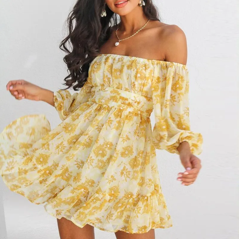 Robe d'été à fleurs à épaules dénudées jaune Vintage taille haute robe de plage femmes 2021 Sexy robes courtes vestidos