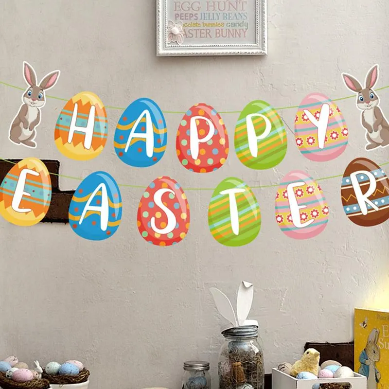 Happy Easter Egg Banner Decoration Hanging Rabbit Garland Bunny Latex Home Easter Birthday Wedding Party Colorful Bunting ZXFHP1599